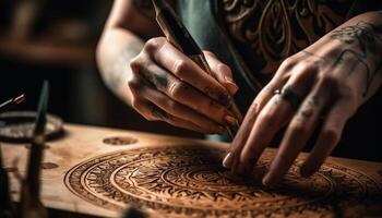 Handwerker halten Arbeit Werkzeug schafft Kunst im Innen- Werkstatt Studio generiert durch ai foto