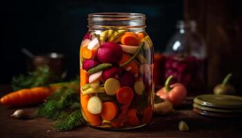frisch organisch Gemüse Salat mit hausgemacht eingelegt Knoblauch und Essig Dressing generiert durch ai foto