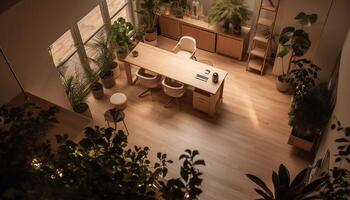 ein modern Büro mit komfortabel Stühle und elegant Beleuchtung Ausrüstung generiert durch ai foto