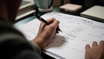 einer Geschäftsmann halten Stift, Planung Erfolg auf Papier beim Schreibtisch generiert durch ai foto