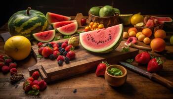 saftig Beere Scheibe auf rustikal Holz Tisch, ein erfrischend Snack generiert durch ai foto