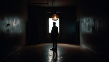ein gespenstisch Silhouette von ein Geschäftsmann Gehen im ein dunkel Gang generiert durch ai foto