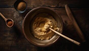 rustikal hausgemacht Brot Mischen Mehl und Butter im hölzern Schüssel generiert durch ai foto