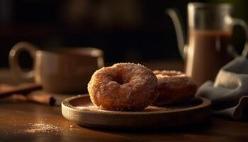 frisch gebacken Donuts und Kekse auf rustikal hölzern Tisch, Genuss in Hülle und Fülle generiert durch ai foto