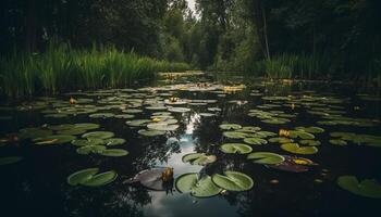 das still Szene von ein Lotus Wasser Lilie Teich generiert durch ai foto