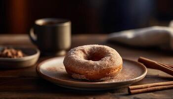 ein hausgemacht Gourmet Krapfen mit dunkel Schokolade Glasur und Kaffee generiert durch ai foto