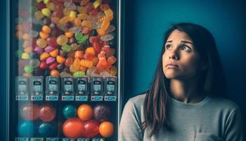 einer jung Erwachsene Frau suchen hoch, lächelnd, halten gesund Snack generiert durch ai foto