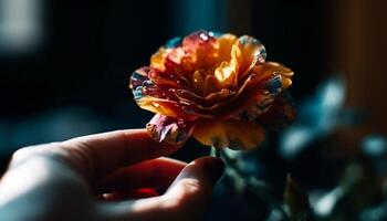 romantisch Geschenk von ein frisch, multi farbig Strauß gehaltenen durch Frau generiert durch ai foto