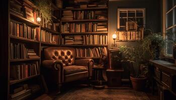 Antiquität Buch Sammlung leuchtet modern Leben Zimmer Dekor mit Komfort generiert durch ai foto