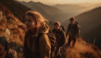 ein Gruppe von freunde Wandern zu das Berg Gipfel, genießen Zusammengehörigkeit generiert durch ai foto