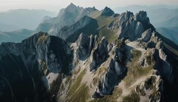 hoch oben auf das Berg Gipfel, ein Panorama- Landschaft wartet generiert durch ai foto