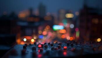 beschwingt Stadt Nachtleben beleuchtet Wolkenkratzer, verschwommen Verkehr, glühend Straße Beleuchtung generiert durch ai foto