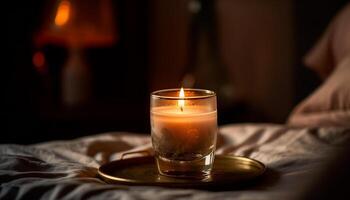 das glühend Kerze leuchtet das still Schlafzimmer zum ultimativ Entspannung generiert durch ai foto