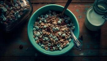 frisch Blaubeere Haferflocken Snack auf rustikal hölzern Tisch, hausgemacht Gourmet generiert durch ai foto