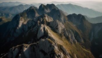 hoch oben auf das Cliff, ein majestätisch Berg Gipfel beim Sonnenuntergang generiert durch ai foto