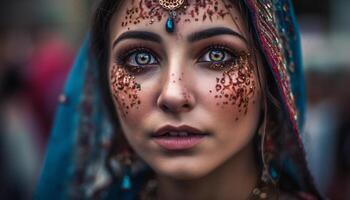 einer jung Frau, einheimisch Schönheit, geschmückt mit multi farbig Schmuck generiert durch ai foto