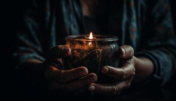 einer Person halten Kerze, meditieren im Winter zum Spiritualität generiert durch ai foto