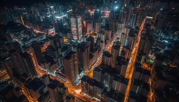das futuristisch Stadt Horizont leuchtet multi farbig beim Dämmerung, hoch oben generiert durch ai foto