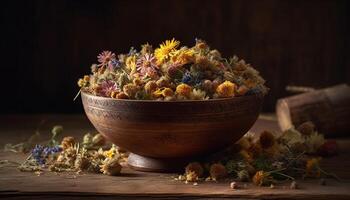 ein rustikal immer noch Leben Anordnung von getrocknet Kräuter und Blumen generiert durch ai foto