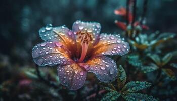 frisch lila Blütenblätter, nass mit Tau, Vitrine Natur Schönheit generiert durch ai foto