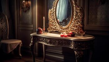 elegant Kerzenlicht leuchtet aufwendig Altar im komfortabel, luxuriös Leben Zimmer generiert durch ai foto
