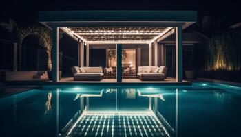 modern Luxus Wohnung mit komfortabel Blau Sofa und beleuchtet Laptop generiert durch ai foto
