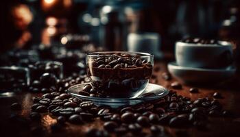 frisch gebraut Kaffee im ein rustikal hölzern Kaffee Tasse Untertasse generiert durch ai foto