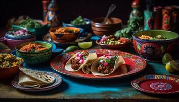 Mexikaner Kultur feiert hausgemacht multi farbig Taco mit frisch Guacamole generiert durch ai foto