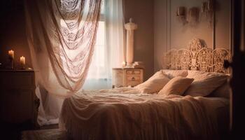 gemütlich modern Schlafzimmer mit elegant Holz Kopfteil und beleuchtet Fenster generiert durch ai foto