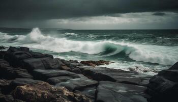 dramatisch Himmel Über nass Küste, Achtung beim Wasser Kante generiert durch ai foto