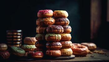 Stapel von hausgemacht gebacken Donuts mit Schokolade Glasur und Sträusel generiert durch ai foto