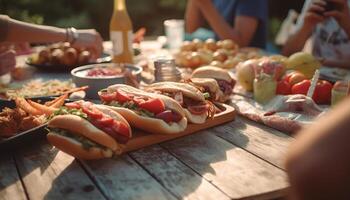 gegrillt Fleisch und Gemüse auf Picknick Tisch, perfekt Sommer- Mittagessen generiert durch ai foto