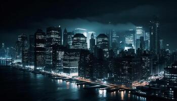 beleuchtet Wolkenkratzer reflektieren auf das direkt am Wasser im ein futuristisch Stadtbild generiert durch ai foto