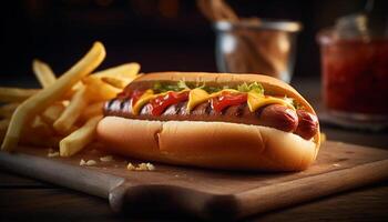 gegrillt Rindfleisch heiß Hund Mahlzeit mit Französisch Fritten und Ketchup generiert durch ai foto