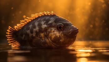 golden Fisch schwimmt im frisches Wasser Teich unter schön Sonnenuntergang Betrachtung generiert durch ai foto