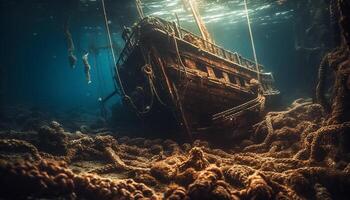 erkunden das rostig Schiffswrack unter, Tauchen in das mysteriös Seelandschaft generiert durch ai foto
