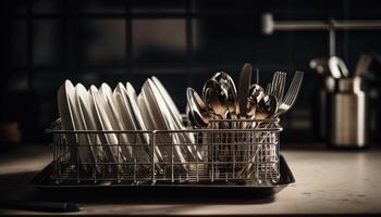 Stapel von sauber Geschirr und Besteck im modern Küche Geschirrspüler generiert durch ai foto