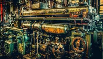 rostig alt Maschinen im ein Antiquität Metall Industrie Werkstatt generiert durch ai foto