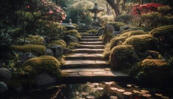 still Szene von japanisch formal Garten mit Herbst Laub und Laterne generiert durch ai foto