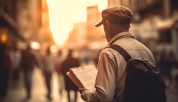 jung Erwachsene männlich Tourist lesen Buch, Stehen draußen beim Sonnenuntergang generiert durch ai foto