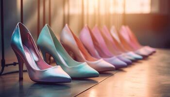 modern Frauen Luxus Schuh Sammlung im ein glamourös Boutique Geschäft generiert durch ai foto