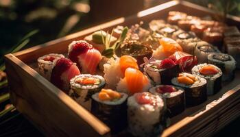 frisch Meeresfrüchte Mahlzeit auf hölzern Tablett mit Wasabi Soße und Essstäbchen generiert durch ai foto