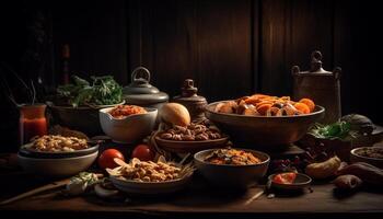 frisch organisch Vegetarier Mahlzeit mit gesund Kürbis und Tomate Variation generiert durch ai foto