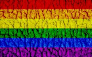 Flagge von das lgbt Gemeinschaft auf das Hintergrund von ein Stoff Textur. Regenbogen Symbol von Fröhlich Kultur. Konzept Collage. Illustration Symbol von Stolz. foto