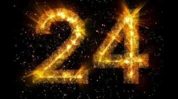 Nummer 24 mit Funken und Feuerwerk auf schwarz Hintergrund, glücklich Neu Jahr 2024 foto