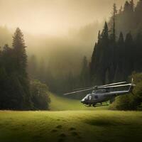 Militär- Hubschrauber auf ein Grün Wald. generativ ai, ai generativ foto