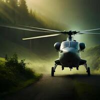 Militär- Hubschrauber auf ein Grün Wald. generativ ai, ai generativ foto