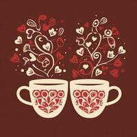 zwei Tassen von Kaffee mit herzförmig Muster. Kaffee Valentinsgrüße Tag Clip Art, ai generiert foto