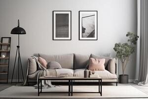 modern Leben Zimmer Innere mit Sofa, Kaffee Tabelle und Plakate auf Wand, doppelt Attrappe, Lehrmodell, Simulation Poster Rahmen auf das Mauer im ein Wohnzimmer, ai generiert foto