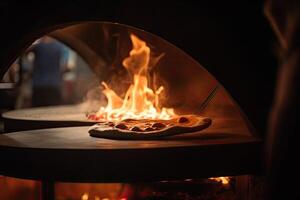 Pizza im ein Pizza Ofen. Kochen Pizza im ein Restaurant. Köche Herstellung ein Pizza schließen oben im ein Pizza Ofen mit Feuer, ai generiert foto